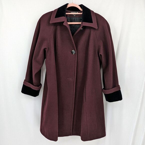 Vintage 1970s Jofeld Wool Coat Plum Swing Velvet Trim Winter Plus Size 1X - Picture 4 of 15